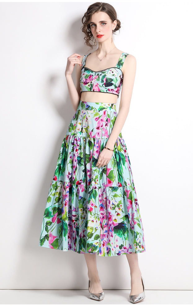 Vintage Sleeveless Short Style Chest Wrap Suspender and Printed High-Waisted Skirt Two-Piece Suit