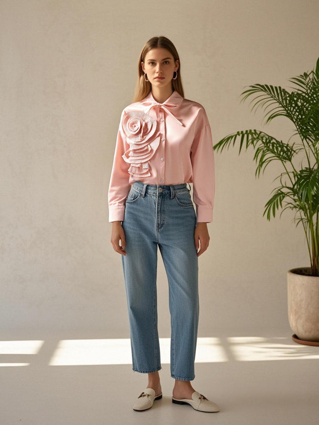 Spring and Autumn Fashionable Lapel Pleated Floral Long-Sleeved Blouse for Women