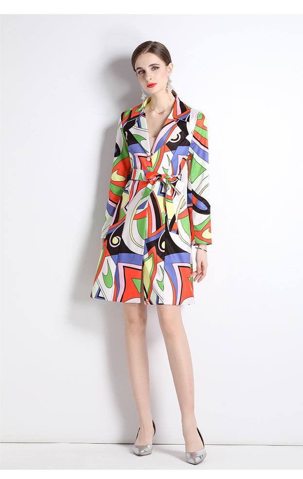 Fashion Printed Suit Collar Coat Temperament Waist Slimming Breasted Mid-Length Trench Coat