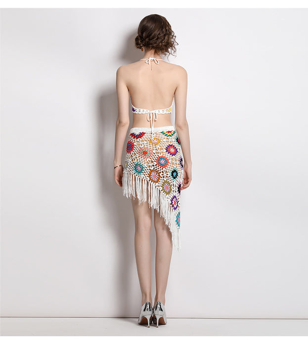 Hand Hook Knitted Hollowed Out V-neck Blazer Top and Irregular Fringed Skirt