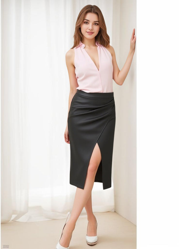 Summer Sexy High-Waist Slit Pleated Bodycon PU Skirt for Women