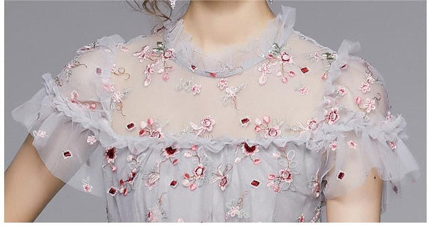 Round Neck Lotus Leaf Short Sleeve Net Yarn Embroidery Closed Waist Large Swing Long Pattern Dress