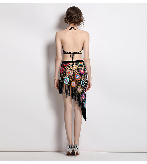Hand Hook Knitted Hollowed Out V-neck Blazer Top and Irregular Fringed Skirt