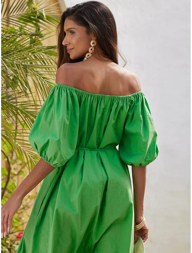 Summer French-Style Casual Elegant with Pocket Puff-Sleeved Dress for Women
