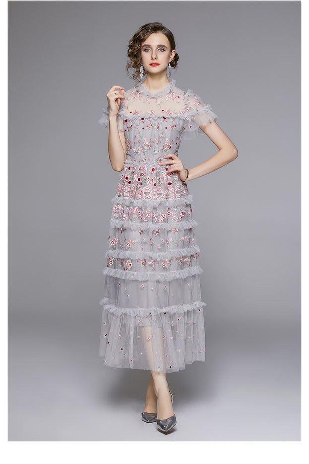 Round Neck Lotus Leaf Short Sleeve Net Yarn Embroidery Closed Waist Large Swing Long Pattern Dress