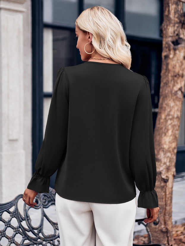 Casual Versatile V-Neck Lace-Trimmed Loose Ruffled Long Sleeve Top for Women