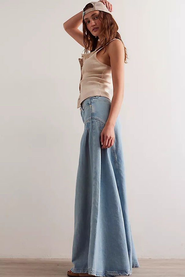 Fashion Casual Vintage-Style Middle-Waist Wide-Leg Denim Pant for Women