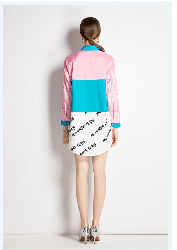 Long Sleeve Shirt Wth Lapel Collar Fashion Slim Vintage Printed Long Shirt