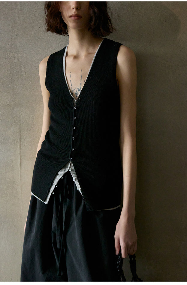 Wool Blend Button Stylish Commuter Patchwork Knitted Women's Top