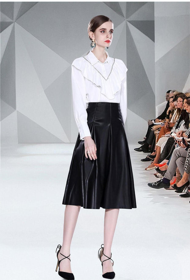 Solid Color Everything Chiffon Shirt and PU Retro Leather Skirt Half Skirt Two-Piece Set