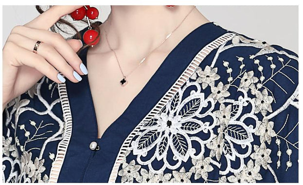 Temperament Elegant V-Neck Short Sleeve Embroidered Wide Leg Shorts Fashion Casual Jumpsuit