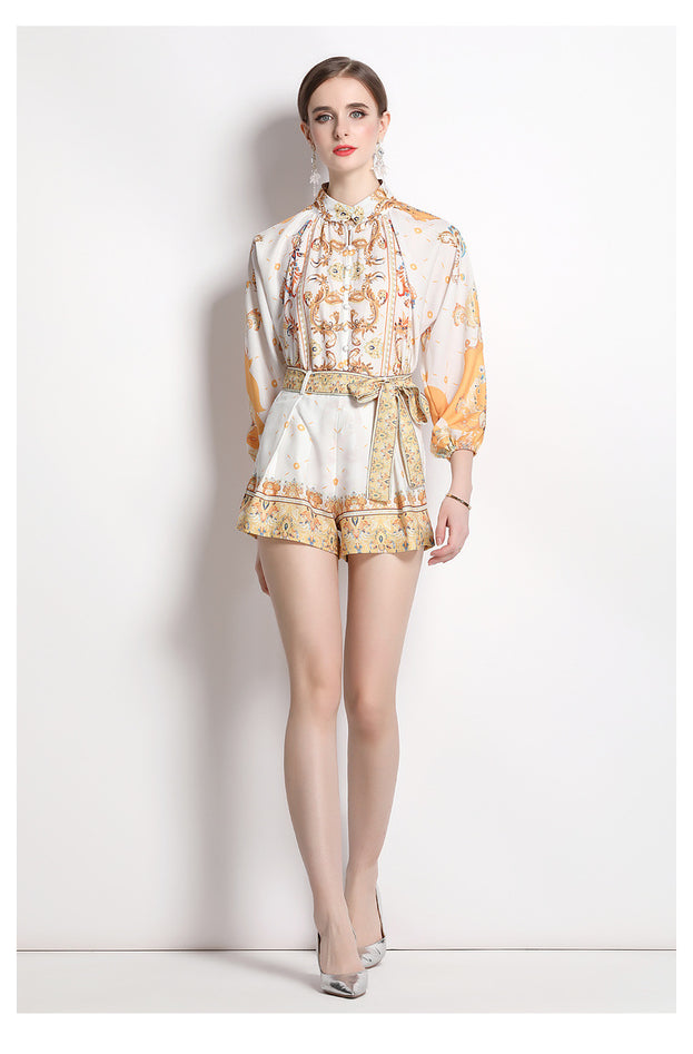 Women's Loose Long Sleeve Printed Shirt and Shorts Two Piece Suit