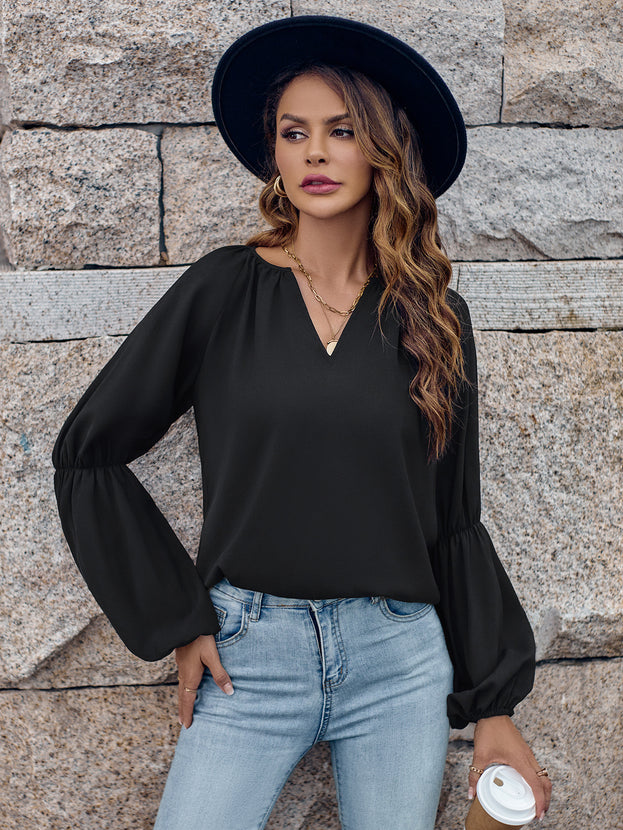 Autumn V-Neck Casual Loose Long Sleeve Pullover Top for Women