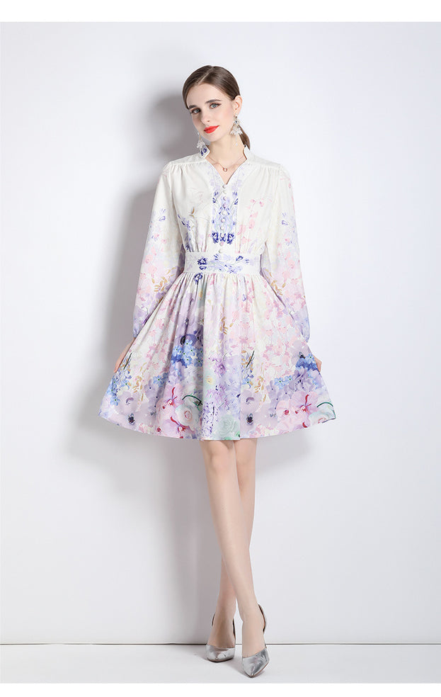V-Neck Vintage Print Long-Sleeved Dress Slim-Fit and Slim-Waist A-Line Skirt