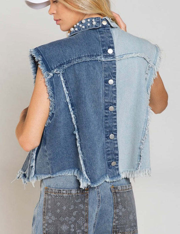Spring Fashion Casual Versatile Beaded Denim Cardigan Vest Jacket for Women