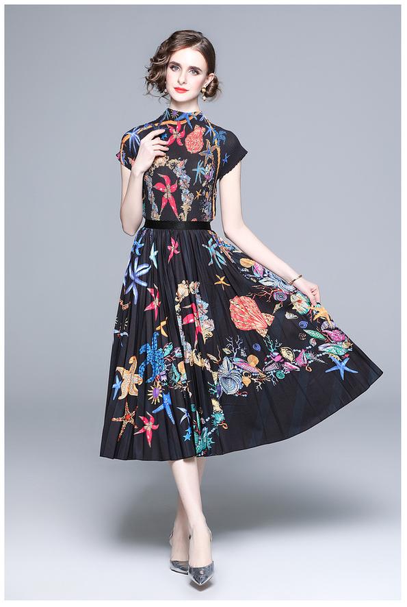 Vintage Print Pleated Short Sleeve Top and Pleated Skirt Fashion Two-Piece Suit