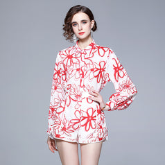 Lapel Chiffon Print Slim Temperament Fashion Shirt and Shorts Suit