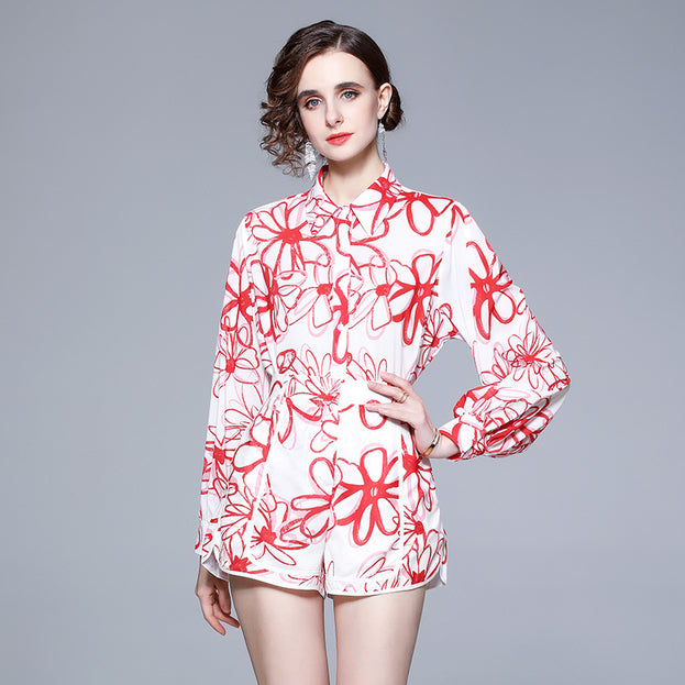 Lapel Chiffon Print Slim Temperament Fashion Shirt and Shorts Suit