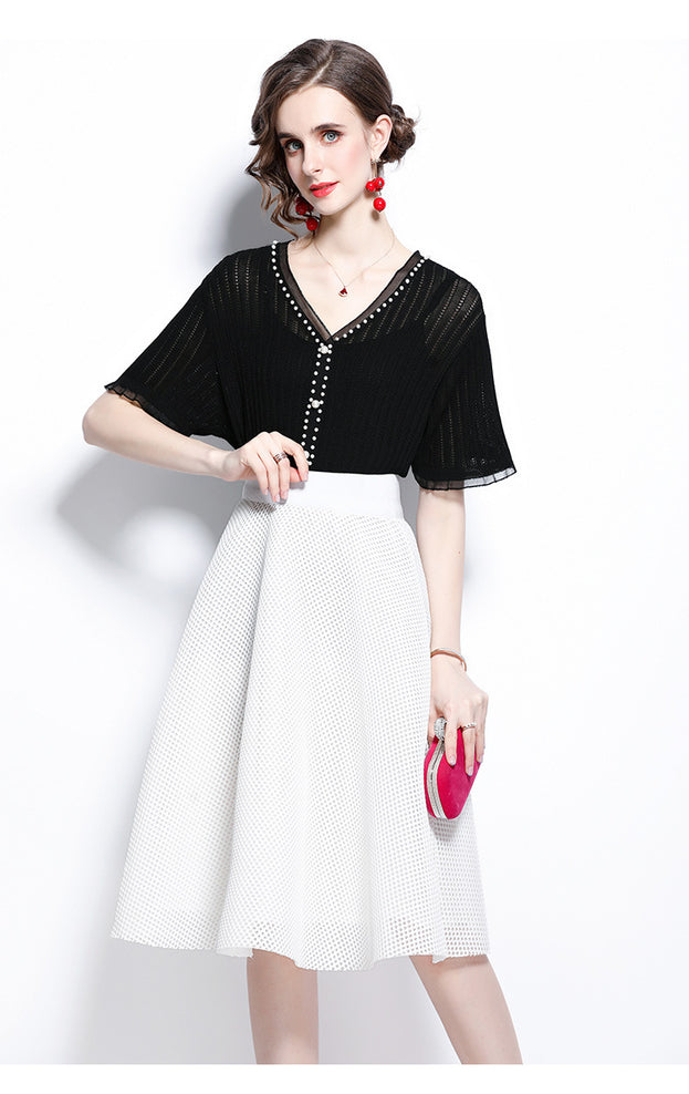 Ice Silk Breathable V-neck Nailed Beaded Knitwear and Hollowed Out Mesh Princess Skirt Two-Piece Set