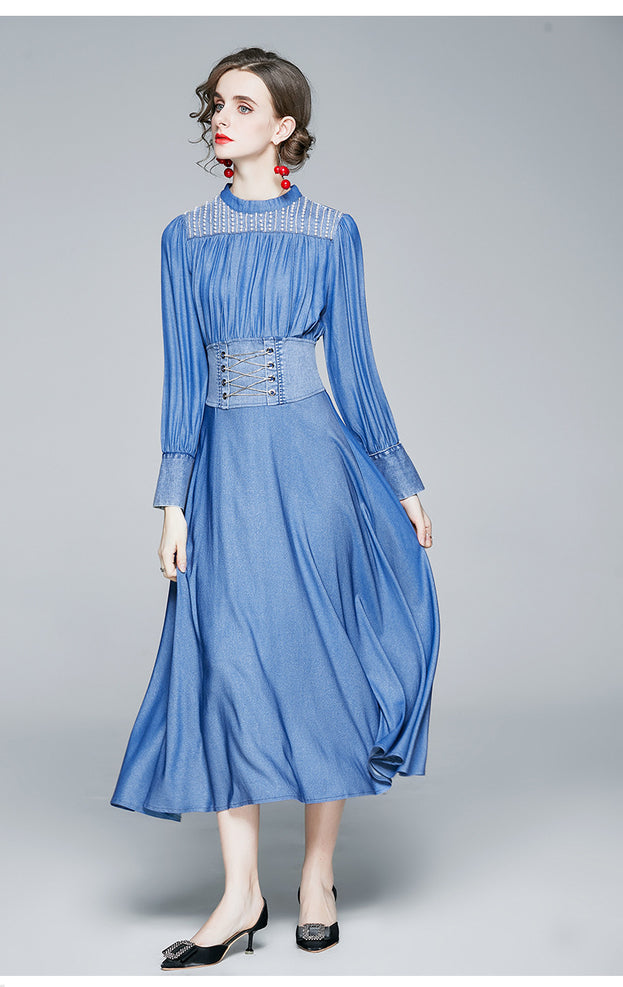 Tencel Denim Dress High Waist Long Sleeve Blue Super Fairy A-Line Skirt