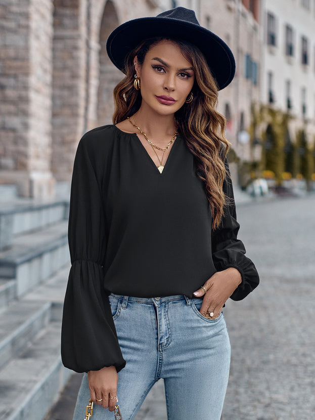 Autumn V-Neck Casual Loose Long Sleeve Pullover Top for Women