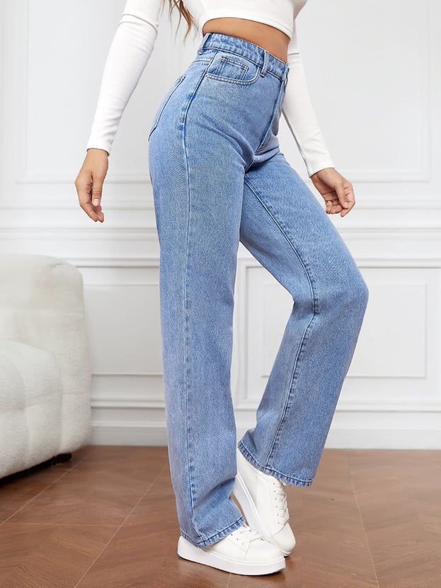 Summer Fashion Casual Loose Hight-Waist Washed Straight Denim Pant for Women