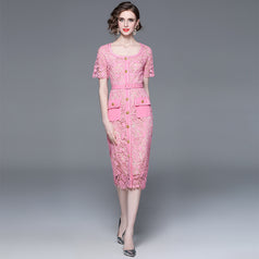Single Breasted Water Soluble Lace-Up Fanny Pack Hip Mid-Length Dress