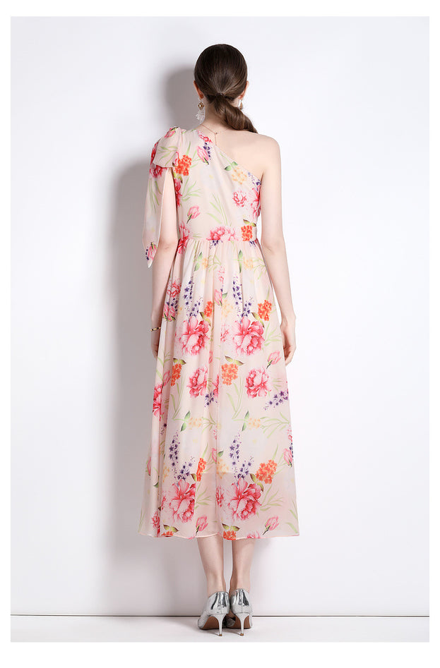 Fashion Resort Ethos Oblique Shoulder Lace-Up Print Full-Length Dress with Waist Tucked