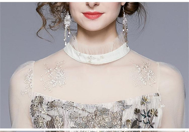 Fashion Retro Long-Sleeved Mesh Stitching Large Swing Mid-Length Dress