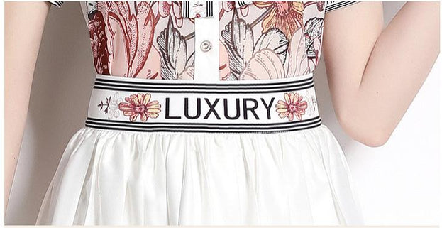 Fashion Vintage Printed Lapel Shirt Large Swing Pleated Skirt Fashion Suit