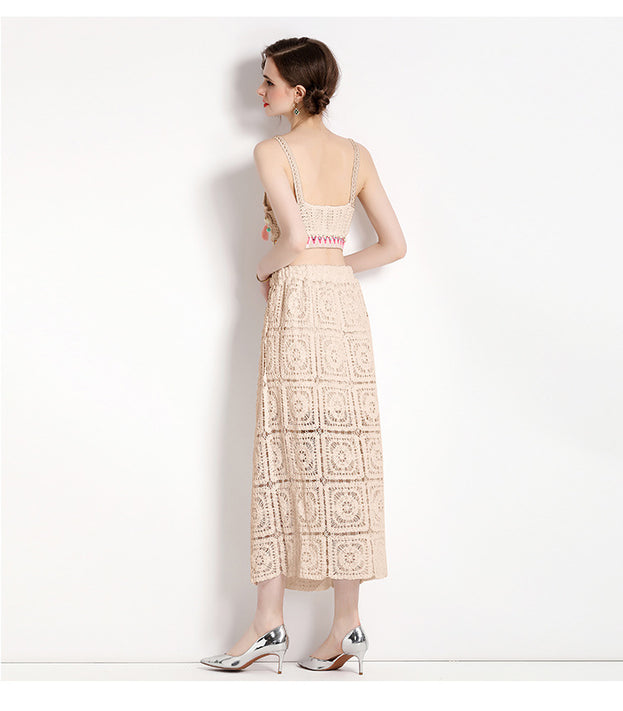 Hook Flower Embroidery Hollowed Out Short Style Suspender Top and Bag Hip Skirt Two-Piece Set