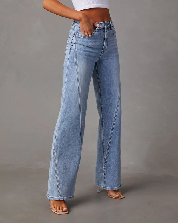 Summer Fashion Casual Low-Waist Patched Wide-Leg Long Denim Pant for Women