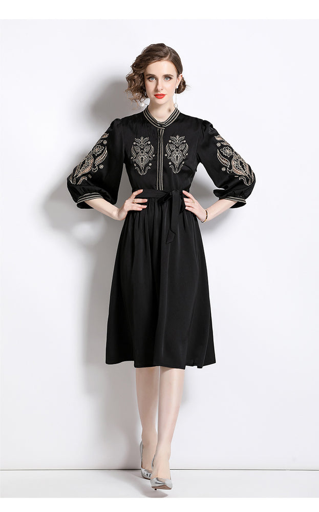 Temperament Elegant MIDI Skirt Embroidered Stand-Up Collar Lantern Sleeve Slim Dress