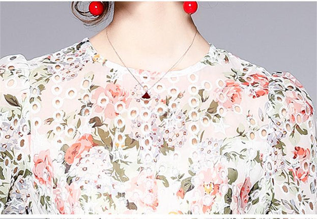 Printed Embroidery Hollowed Out Fashion Irregular Dress