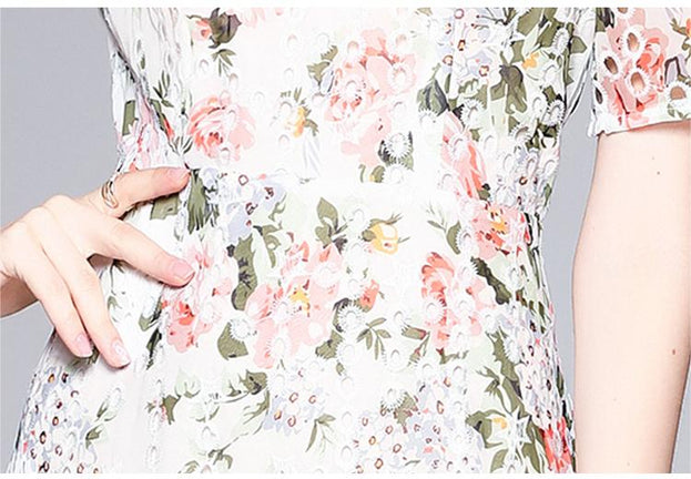 Printed Embroidery Hollowed Out Fashion Irregular Dress