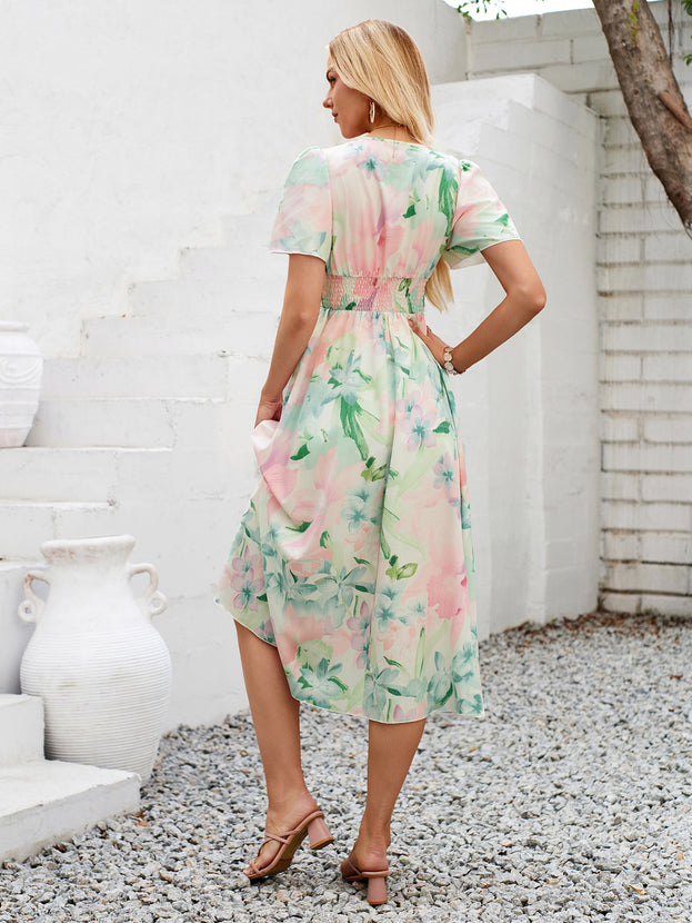 Summer Printed V-Neck Waisted Short Sleeve Holiday-Style Dress for Women