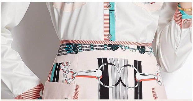 Long-Sleeved Shirt Two-Piece  Vintage Printed Fashion Temperament Skirt Suit