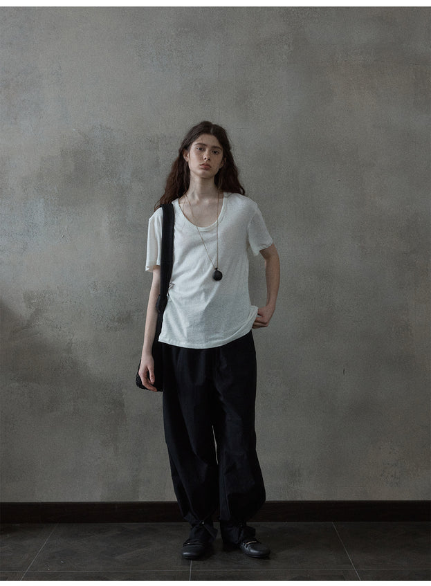 Summer Textured Linen Cotton U-shaped Neck Solid Color Women's T-shirt