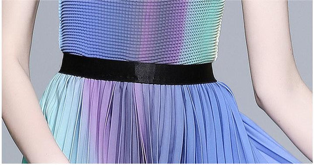 Vintage Print Pleated Short Sleeve Top and Pleated Skirt Fashion Two-Piece Suit