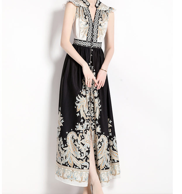 Fashion Vintage Printed V-Neck Sleeveless Dress Slimming A-Line Maxi Skirt