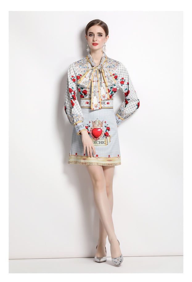 Women's Printed Bow Tie Long-Sleeved Shirt and Elegant High-Waisted Skirt Two-Piece Suit