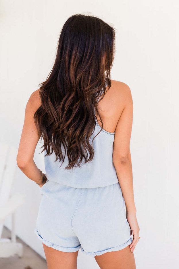 Summer Fashion Waisted U-Neck with Pockets Short Slip Jumpsuit for Women