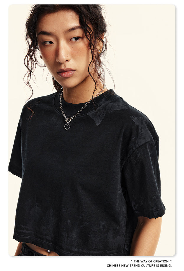 Summer Solid-color Sweat-absorbing Mud Dyed Aged Off-the-shoulder Top
