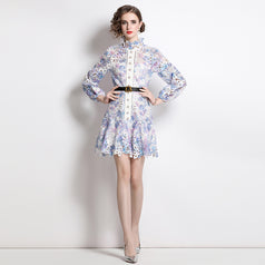 Sweet Print Water-Soluble Hook Flower Hollowed Out Bubble Long-Sleeved Skirt Dress Peplum