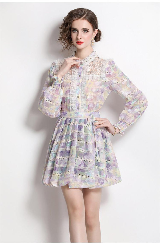 Fashion Printed Embroidery Patchwork Lace Lace Long-Sleeved Shirt Half Skirt Suit Skirt