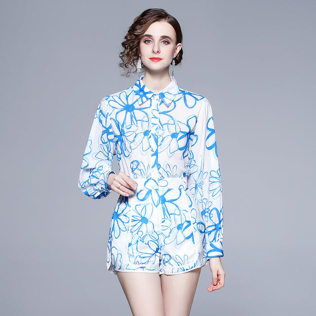 Lapel Chiffon Print Slim Temperament Fashion Shirt and Shorts Suit