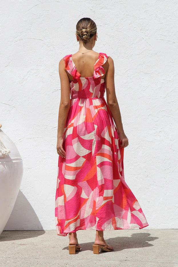 Summer Printed V-Neck Waisted Flowy Holiday-Style Slip Dress for Women
