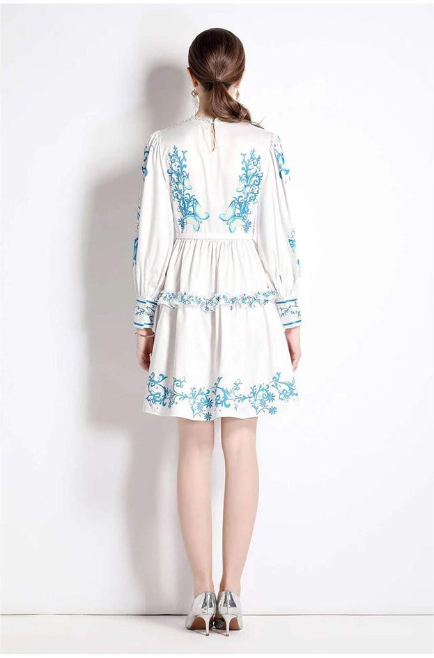 Vintage Lace Patchwork Print Fashion Temperament Long-Sleeved Skirt Dress