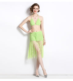 Leisure Vacation Sexy Knitted Suspender Vhest Erase and Tassel Short Skirt Two Piece Suit