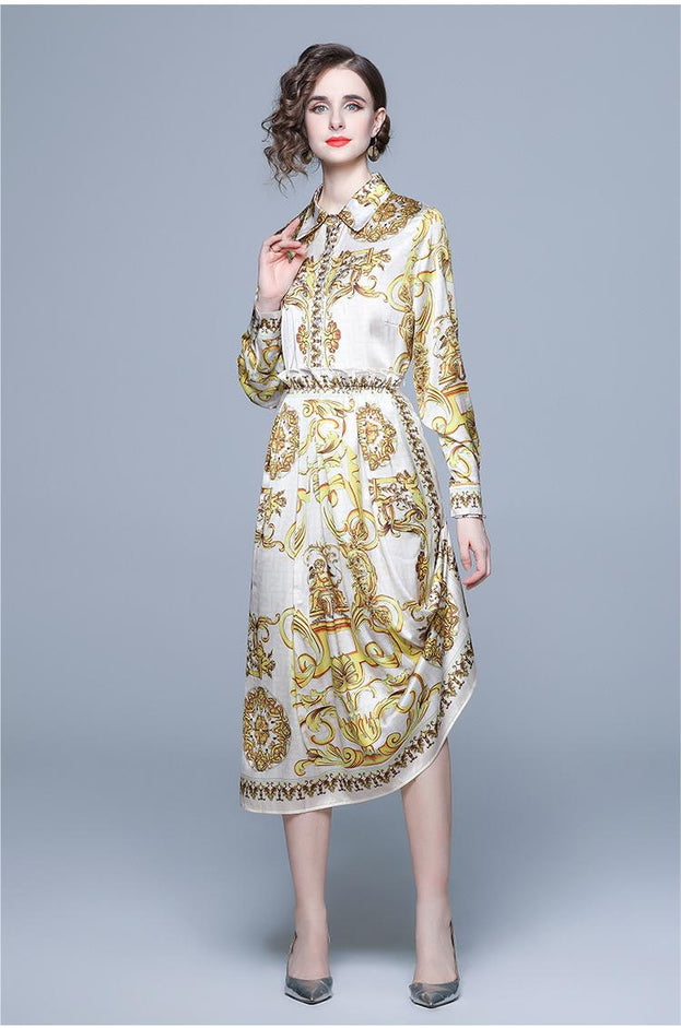 Vintage Printed Shirt Long-Sleeved Top and Pleated Skirt Two-Piece Suit